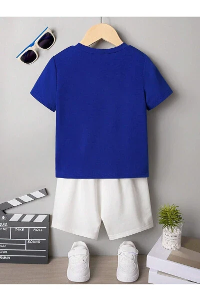 Ideal Pamuklu Çocuk Takım - Sax T-shirt Beyaz Şort Baskılı Kız Erkek Çocuk Yazlık Bisiklet Yaka-Saks Mavi Beyaz - DUBU BUTİK (1)