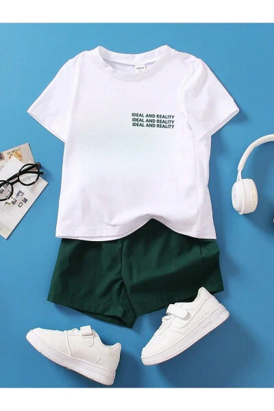 Ideal Printed Cotton Children's Navy Green Shorts White T-shirt Set - Children's Summer Bicycle Collar - 2