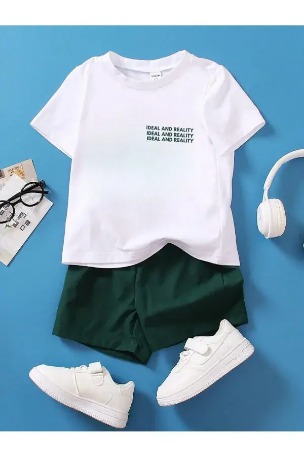 Ideal Printed Cotton Children's Navy Green Shorts White T-shirt Set - Children's Summer Bicycle Collar - 2