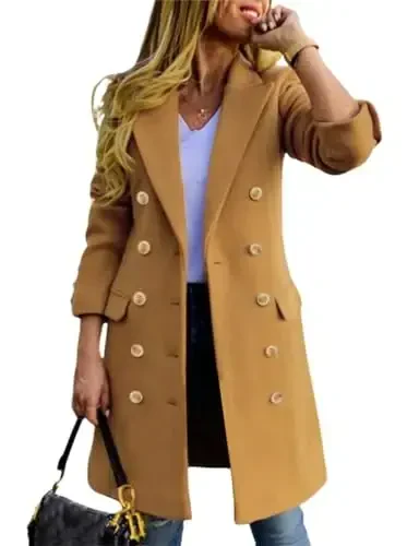 IDEALSANXUN Womens Fall Winter Wool Coats Double Breasted Midi Peacoat Trench Coats - IDEALSANXUN