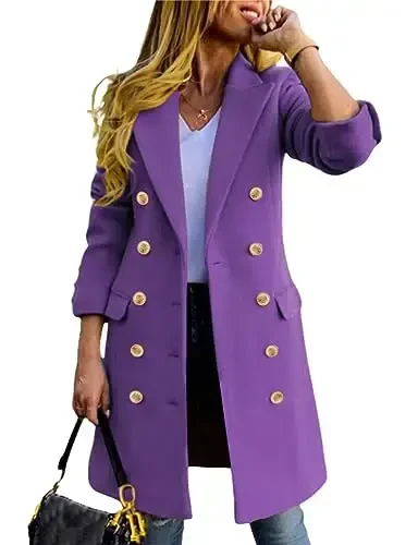 IDEALSANXUN Womens Fall Winter Wool Coats Double Breasted Midi Peacoat Trench Coats - IDEALSANXUN