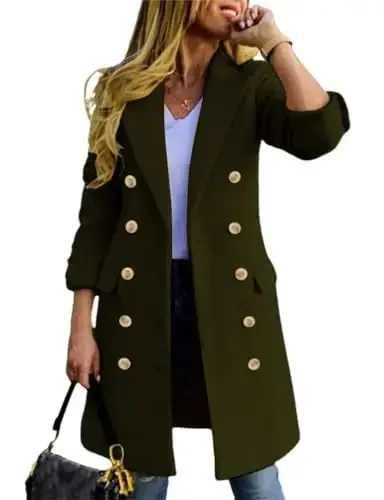 IDEALSANXUN Womens Fall Winter Wool Coats Double Breasted Midi Peacoat Trench Coats - IDEALSANXUN