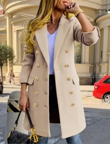IDEALSANXUN Womens Fall Winter Wool Coats Double Breasted Midi Peacoat Trench Coats - 2