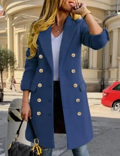 IDEALSANXUN Womens Fall Winter Wool Coats Double Breasted Midi Peacoat Trench Coats - 2