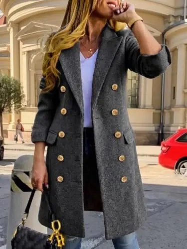 IDEALSANXUN Womens Fall Winter Wool Coats Double Breasted Midi Peacoat Trench Coats - IDEALSANXUN (1)