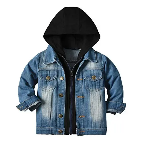 IDOPIP Toddler Kid Baby Boys Girls Denim Jacket Long Sleeve Button Down Jeans Coat Cowboy Overcoat Hoodie Casual Outwear 