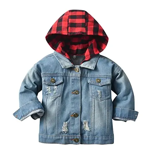 IDOPIP Toddler Kid Baby Boys Girls Denim Jacket Long Sleeve Button Down Jeans Coat Cowboy Overcoat Hoodie Casual Outwear 