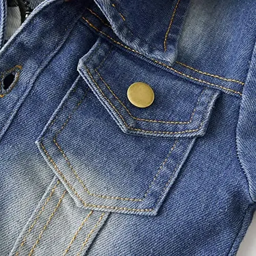 IDOPIP Toddler Kid Baby Boys Girls Denim Jacket Long Sleeve Button Down Jeans Coat Cowboy Overcoat Hoodie Casual Outwear - 6