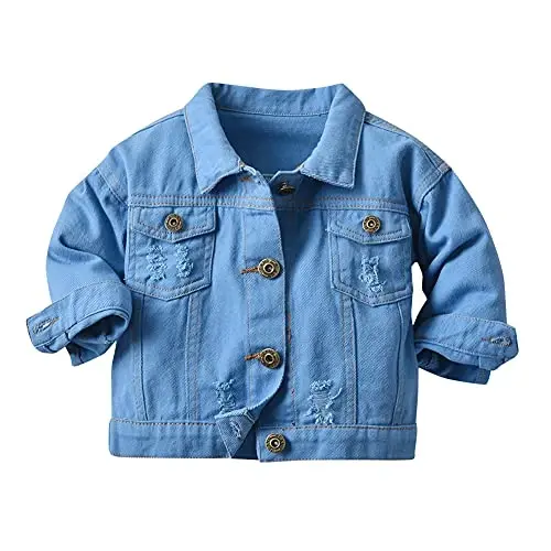 IDOPIP Toddler Kid Baby Boys Girls Denim Jacket Long Sleeve Button Down Jeans Coat Cowboy Overcoat Hoodie Casual Outwear - 1