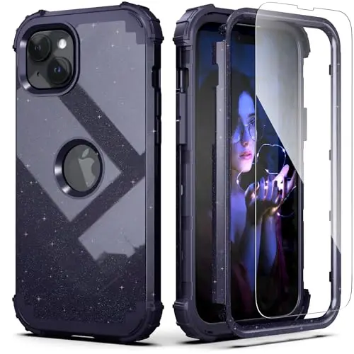 IDweel for iPhone 15 Plus Case with Screen Protector, 3 in 1 Shockproof Slim Fit Hybrid Heavy Duty Hard PC Cover Soft Silicone Bumper Full Body Case (Glitter Navy Blue) - 1