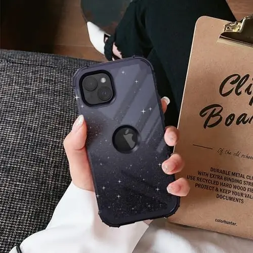 IDweel for iPhone 15 Plus Case with Screen Protector, 3 in 1 Shockproof Slim Fit Hybrid Heavy Duty Hard PC Cover Soft Silicone Bumper Full Body Case (Glitter Navy Blue) - 6
