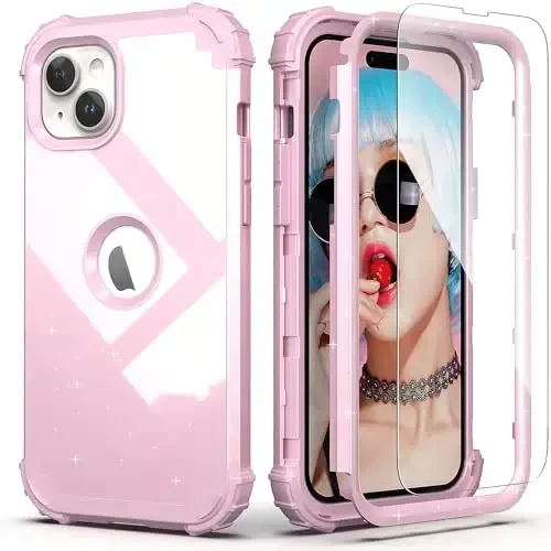 IDweel for iPhone 15 Plus Case with Screen Protector, 3 in 1 Shockproof Slim Fit Hybrid Heavy Duty Hard PC Cover Soft Silicone Bumper Full Body Case (Glitter Pink) - IDWEEL