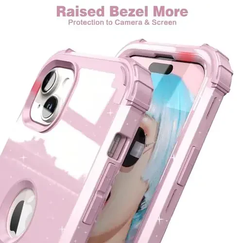 IDweel for iPhone 15 Plus Case with Screen Protector, 3 in 1 Shockproof Slim Fit Hybrid Heavy Duty Hard PC Cover Soft Silicone Bumper Full Body Case (Glitter Pink) - 6
