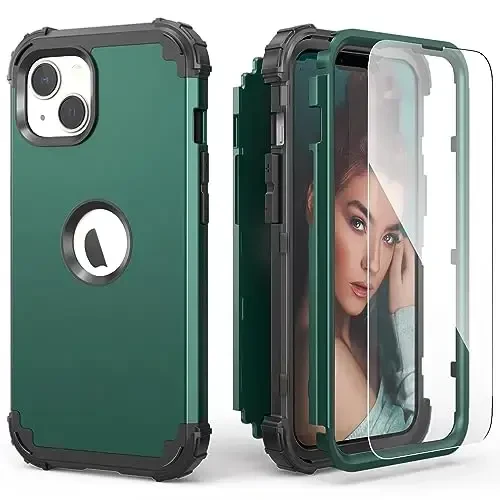 IDweel for iPhone 15 Plus Case with Screen Protector, 3 in 1 Shockproof Slim Fit Hybrid Heavy Duty Hard PC Cover Soft Silicone Bumper Full Body Case (Graphite Green/Black) - 1