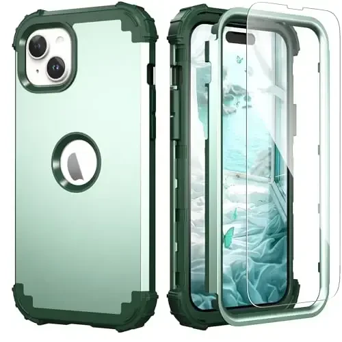 IDweel for iPhone 15 Plus Case with Screen Protector, 3 in 1 Shockproof Slim Fit Hybrid Heavy Duty Hard PC Cover Soft Silicone Bumper Full Body Case (Mint) - 1
