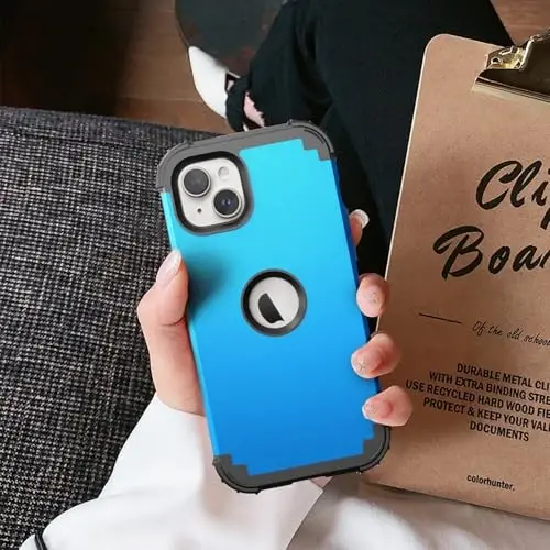 IDweel for iPhone 15 Plus Case with Screen Protector for Women, Luxury 3 in 1 Shockproof Slim Fit Hybrid Heavy Duty Hard PC Cover Soft Silicone Bumper Full Body Anti-Fingerprint Case,Sky Blue - 4