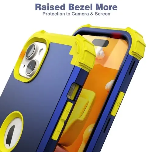 IDweel for iPhone 15 Plus Case with Screen Protector for Women,Luxury 3 in 1 Shockproof Slim Fit Hybrid Heavy Duty Hard PC Cover Soft Silicone Bumper Full Body Anti-Fingerprint Case,Navy Blue/Yellow - 5