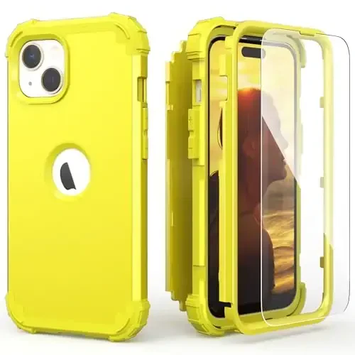 IDweel for iPhone 15 Plus Case with Screen Protector, Luxury 3 in 1 Shockproof Slim Fit Hybrid Heavy Duty Protection Glitter Hard PC Cover Soft Silicone Bumper Full Body Case, Yellow - Modazone