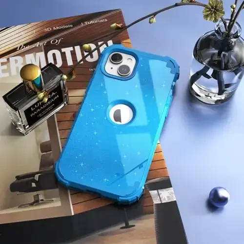 IDweel for iPhone 15 Plus uchun g'ilof, ekran himoyachisi bilan, 3 tasi 1 da zarbga chidamli ingichka gibrid og'ir vaznli qattiq kompyuter qopqog'i yumshoq silikon bamper to'liq korpus (Glitter Sky Blue) - 4