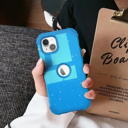 IDweel for iPhone 15 Plus uchun g'ilof, ekran himoyachisi bilan, 3 tasi 1 da zarbga chidamli ingichka gibrid og'ir vaznli qattiq kompyuter qopqog'i yumshoq silikon bamper to'liq korpus (Glitter Sky Blue) - 6
