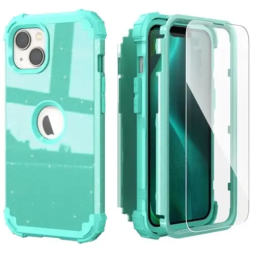 IDweel for iPhone 15 Plus uchun g'ilof, ekran himoyachisi bilan, 3 tasi 1 da zarbga chidamli ingichka moslashuvchan gibrid og'ir yuk ko'taruvchi qattiq kompyuter qopqog'i yumshoq silikon bamper to'liq korpusli g'ilof (Glitter Cyan) - 1