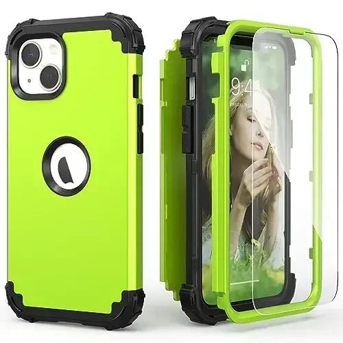 IDweel iPhone 15 Plus uchun g'ilof Ekran himoyachisi bilan, 3 in 1 zarbaga chidamli ingichka mos gibrid kuchli qattiq kompyuter qopqog'i yumshoq silikon bamper to'liq korpus (yashil) - 1