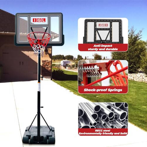 IGL Portable Basketball Hoop, 5.6-10FT Adjustable Basketball Goal System, 44 Inch Outdoor Basketball Hoop & Goals for Kids, Youth, and Adults in The Backyard, Driveway with PC Backboard - 14