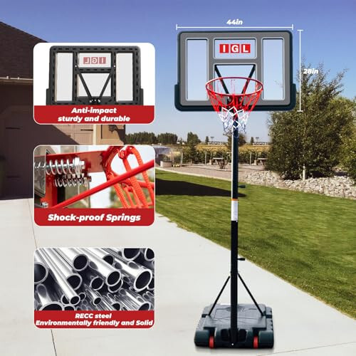 IGL Portable Basketball Hoop, 5.6-10FT Adjustable Basketball Goal System, 44 Inch Outdoor Basketball Hoop & Goals for Kids, Youth, and Adults in The Backyard, Driveway with PC Backboard - 11