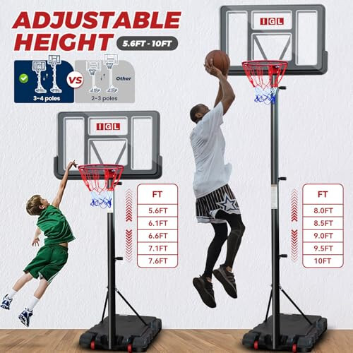 IGL Portable Basketball Hoop, 5.6-10FT Adjustable Basketball Goal System, 44 Inch Outdoor Basketball Hoop & Goals for Kids, Youth, and Adults in The Backyard, Driveway with PC Backboard - 12