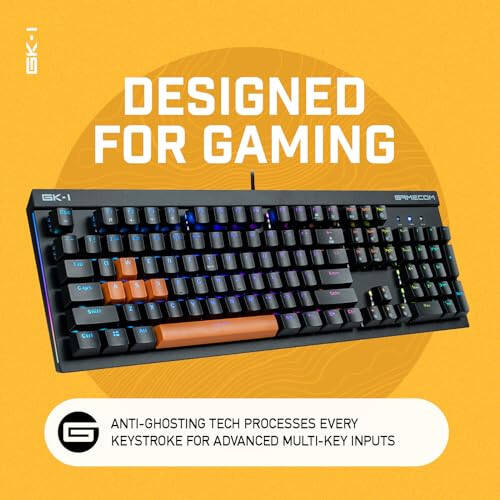 Игровая клавиатура GameCom GK-1 - Настраиваемая RGB-подсветка - Индивидуально подсвечиваемые клавиши - Оптические переключатели Kailh Blue Clicky - Выпускное издание Orange - 2