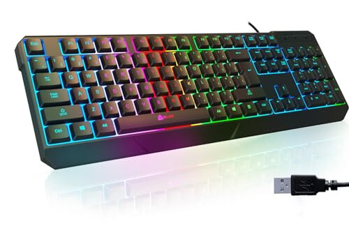 Игровая клавиатура KLIM Chroma с проводным USB - Новая 2024 - Прочная эргономичная водонепроницаемая бесшумная с подсветкой - Идеально подходит для игр и офиса - Teclado Gamer - Время отклика 2 мс - ПК Ноутбук Mac PS4 PS5 - Черный - 1