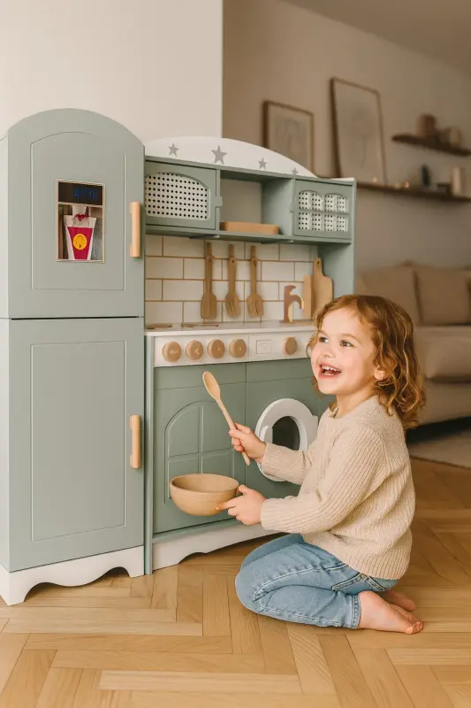 Игровая кухня с холодильником и игровым прилавком (ЗЕЛЕНЫЙ-С LED) - HEDEF AHŞAP