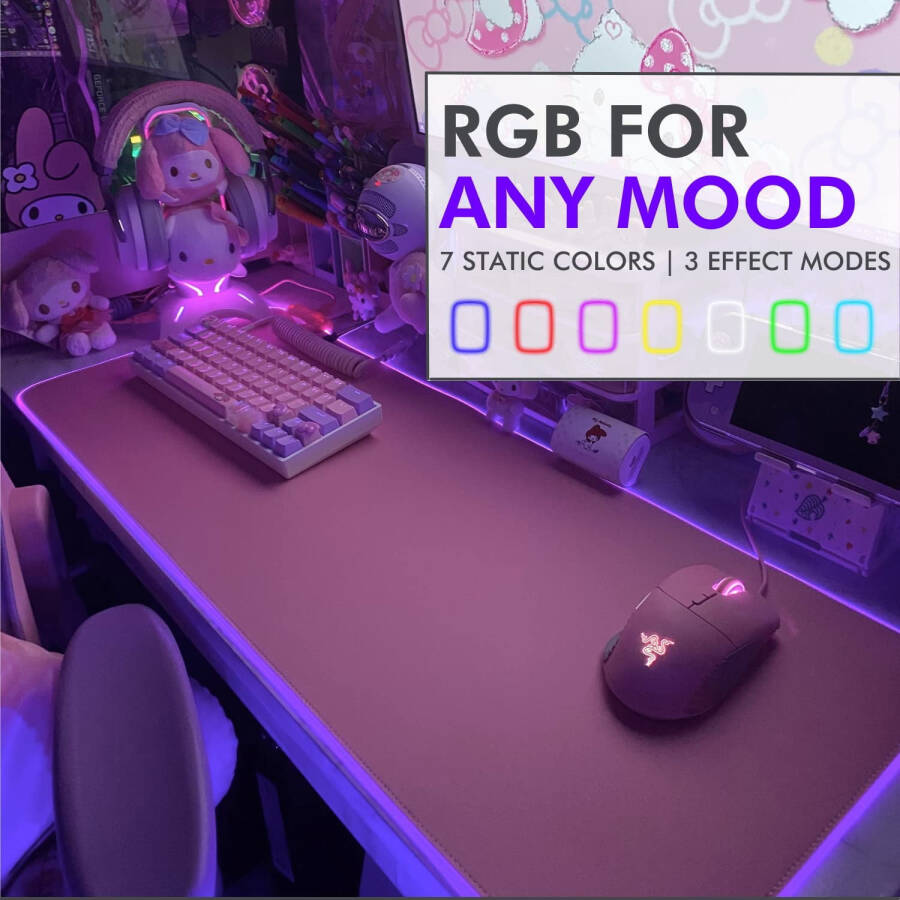 Игровая подставка для мыши Tilted Nation Pink RGB - Создайте свою идеальную настройку - Яркий светодиодный коврик для мыши XL с 8 режимами освещения - Плавное скольжение и простая очистка - Большой игровой коврик для мыши RGB розовый для стола - 11