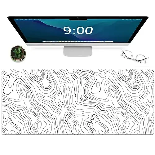 Gaming Mouse Mat Forest Background Pattern XXL XL Large Mouse Mat Long Extended Mouse Pad Desk Mat Non-Slip Rubber Mice Pads Stitched Edges Thin Pad (Topographic Map White) - 1