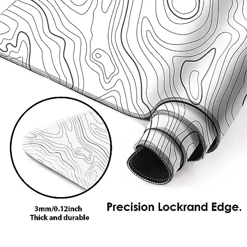 Gaming Mouse Mat Forest Background Pattern XXL XL Large Mouse Mat Long Extended Mouse Pad Desk Mat Non-Slip Rubber Mice Pads Stitched Edges Thin Pad (Topographic Map White) - 3