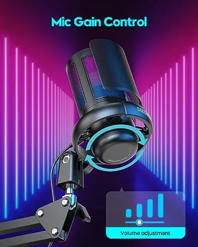 Игровой микрофон COCONISE, USB-микрофон для ПК для подкастов, видео, потоковой передачи, конденсаторный микрофон с быстрым отключением звука, штатив, поп-фильтр, RGB-индикатор, амортизатор, вращающаяся кнопка усиления, совместимость с PS4/5/PC - 3