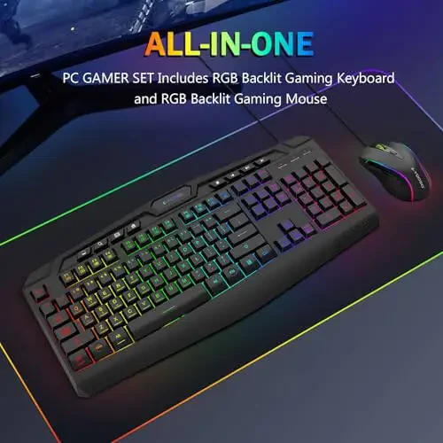 Игровой набор клавиатура и мышь, CQ109 RGB LED с подсветкой, анти-гхостинг, проводная мембранная клавиатура с 104 клавишами + 8 дополнительных горячих клавиш, мышь RGB 1000-3200 DPI для PC/Xbox/PS4 (черный) - 1