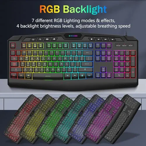 Игровой набор клавиатура и мышь, CQ109 RGB LED с подсветкой, анти-гхостинг, проводная мембранная клавиатура с 104 клавишами + 8 дополнительных горячих клавиш, мышь RGB 1000-3200 DPI для PC/Xbox/PS4 (черный) - 2