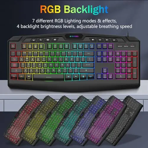 Игровой набор клавиатура и мышь, CQ109 RGB LED с подсветкой, анти-гхостинг, проводная мембранная клавиатура с 104 клавишами + 8 дополнительных горячих клавиш, мышь RGB 1000-3200 DPI для PC/Xbox/PS4 (черный) - 2