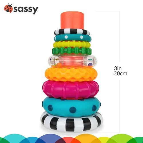 Игрушка для обучения STEM Sassy Stacks of Circles Stacking Ring, от 6 месяцев, разноцветная, набор из 9 штук - 4