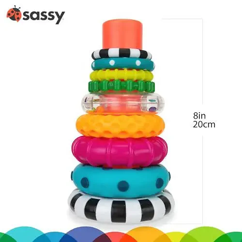 Игрушка для обучения STEM Sassy Stacks of Circles Stacking Ring, от 6 месяцев, разноцветная, набор из 9 штук - 4