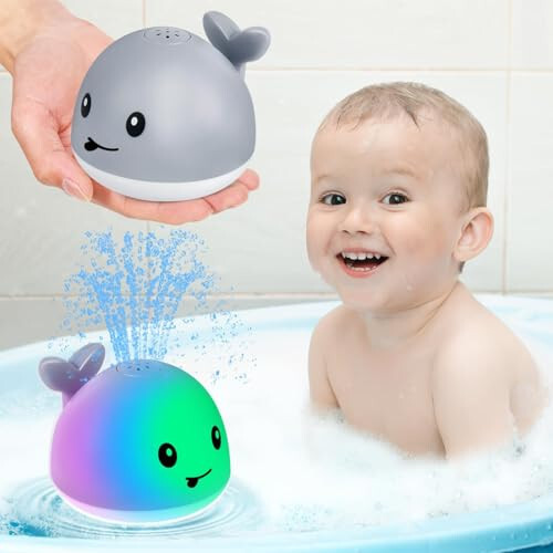 Игрушка для ванны Gigilli Baby Whale, USB-заряжаемая фонтанная игрушка для ванны 6-12 12-18 месяцев, светящаяся игрушка для ванны с распылителем, игрушки для ванны с распылением воды для малышей 1-3 2-4 младенцев, детские игрушки для душа 2 3 4 5 - 1