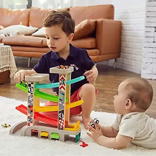 Игрушка TOP BRIGHT Автомобильная Рампа для Мальчиков 2-3 Лет, Детская Трасса для 18-месячного Ребенка с 4 Деревянными Машинами и 3 Гаражами - TOP