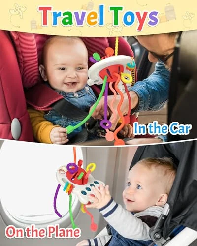 Игрушка Yetonamr Baby Sensory Montessori для детей от 6 до 12-18 месяцев, силиконовая игрушка для прорезывания зубов с тянущейся веревкой, подарок на день рождения, дорожная игрушка для мальчика и девочки 1-2 лет, младенцев и малышей 8-9-10 месяцев - Yetonamr