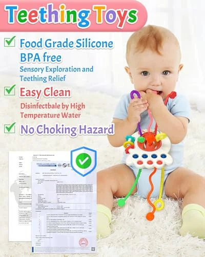 Игрушка Yetonamr Baby Sensory Montessori для детей от 6 до 12-18 месяцев, силиконовая игрушка для прорезывания зубов с тянущейся веревкой, подарок на день рождения, дорожная игрушка для мальчика и девочки 1-2 лет, младенцев и малышей 8-9-10 месяцев - Yetonamr (1)
