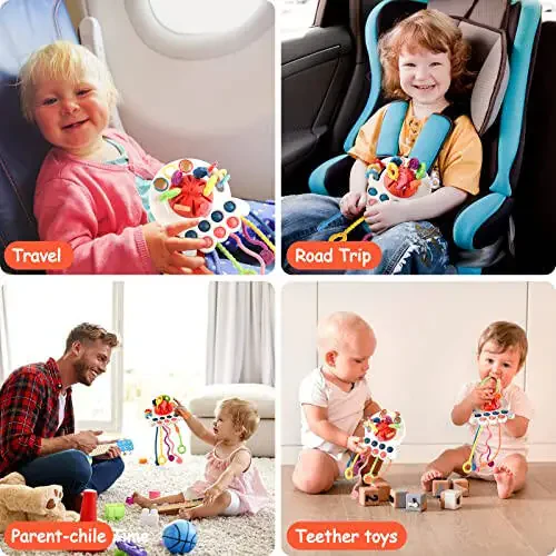 Игрушки Hooku Монтессори для 1 года, Сенсорные игрушки для младенцев, Игрушка-активность из пищевого силикона с тянущим шнурком, Игрушки для мелкой моторики, Игрушки для путешествий для младенцев, Подарки для малышей девочек и мальчиков - 6