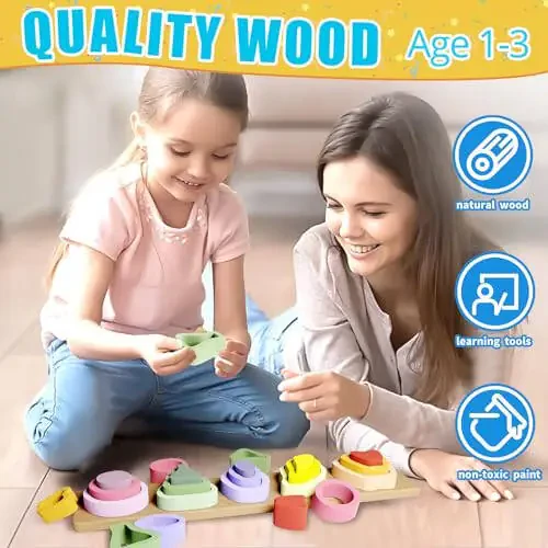 Игрушки Symdiro Montessori для мальчиков и девочек 1, 2, 3 лет - Деревянные игрушки для сортировки и складывания для детей - Игрушки для малышей в возрасте от 1 до 3 лет - Сортировщик форм и цветной стекатель для детей дошкольного возраста - 6