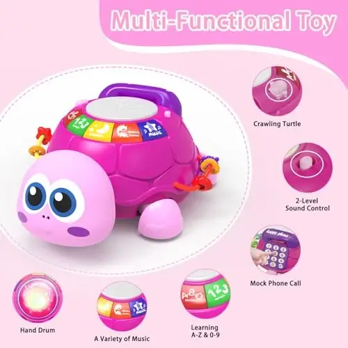 Игрушки Ussybaby Baby Infant Light up Music Turtle Toys, Игрушки для малышей от 6 до 12 месяцев с телефоном, Игрушки для девочек, ползающих, 7 8 9 10 11 месяцев, 1-2 года, подарок для новорожденной девочки (розовый) - USSYBABY (1)