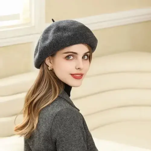 IHAUIUE Solid Color Berets Hat Jun klassik fransuz shlyapalari Oddiy iliq rassom qalpog'i Ayollar, xonimlar, qizlar uchun junli beretlar - 3