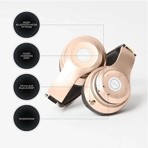 iJoy Bluetooth Headphones Over Ear, Wireless and Wired Foldable Headset Built-in Microphone, FM, Micro SD Card Slot - (Gold) Adults Kids Men Women - 3